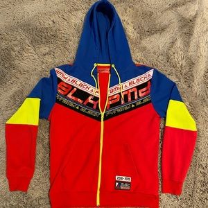 Mens Black Pyramid jacket size L used Chris brown brand full zip red blue yellow